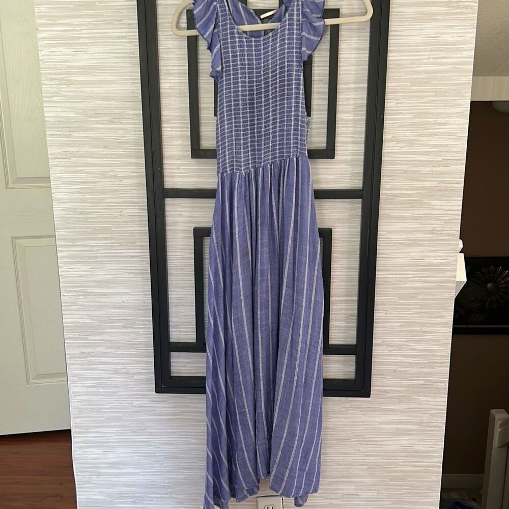 Free People denim chambray striped blue maxi dress ruched top. Xs - Picture 4 of 6